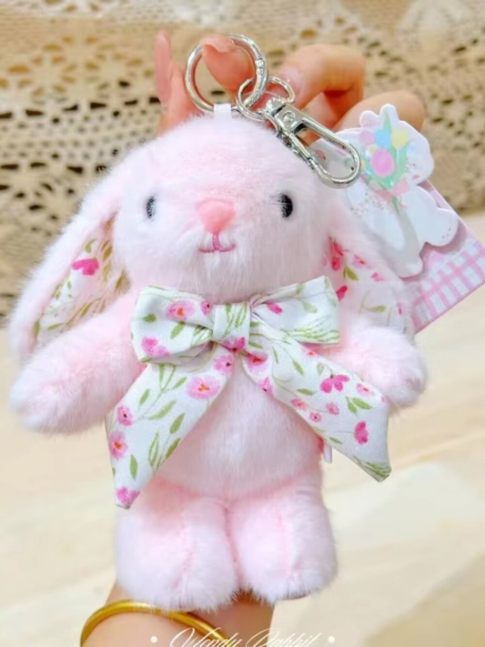 Plush Pink Bunny Keychain with Floral Bow